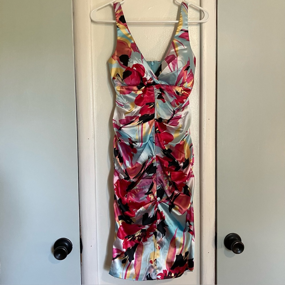 Y2K Cache Floral Multicolor Sleeveless Mini Dress Size 0 Formal Satin Dopamine